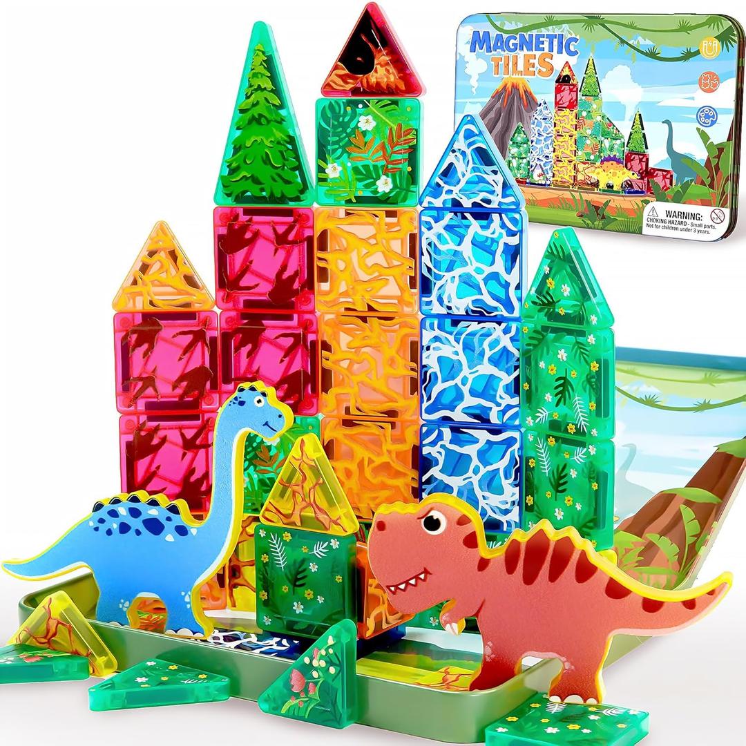 Travel Magnetic Tiles for Toddler Boys Kid, 36PC Mini Dinosaur Sets Airplane Restaurant Road Trip Activities Car Toys for Age 3 4 5 6 7 8 Year STEM Magnet Blocks Easter Basket Stuffers Gifts