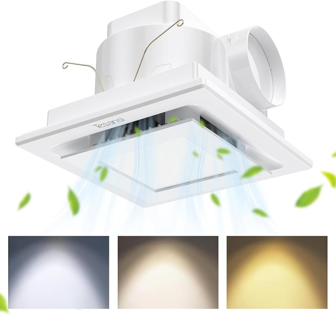 Bathroom Exhaust Fan with 3CCT LED Light, Ultra-Quiet 1.0 Sone & Effective Ventilation at 100 CFM, Easy Retrofit Without Attic Access for Moisture and Odor Control, 8.07" x 8.07"