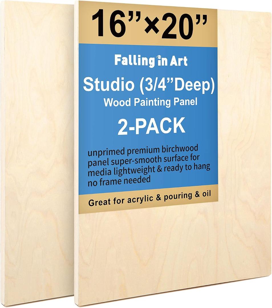 Unfinished Birch Wood Canvas Panels Kit, Falling in Art 2 Pack of 16x20 Studio 3/4 Deep Cradle Boards for Pouring Art, Crafts, Painting, and More
