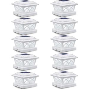 SIEDiNLAR Solar Post Cap Lights Outdoor Glass 2 Color Modes 8 LEDs for 4x4 5x5 6x6 Wooden Vinyl Posts Fence Deck Patio Decoration Warm White & Cool White Lighting White (10 Pack)