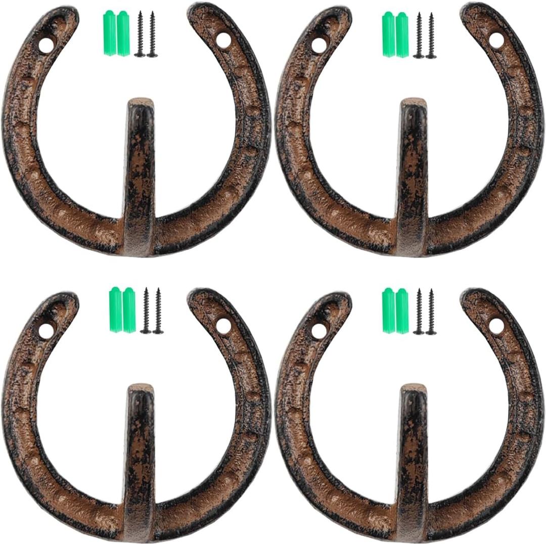 TIHOOD 4PCS Coat Hooks Vintage Wall Hanger Cast Iron Horseshoe Hooks Heavy Duty Clothes Hanger for Hanging Coat Hat Key Towel