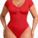 FeelinGirl Short Sleeve Bodysuit for Women V Neck Tummy Control Shapewear Seamless Thong Body Suits Tops (Red, XL)