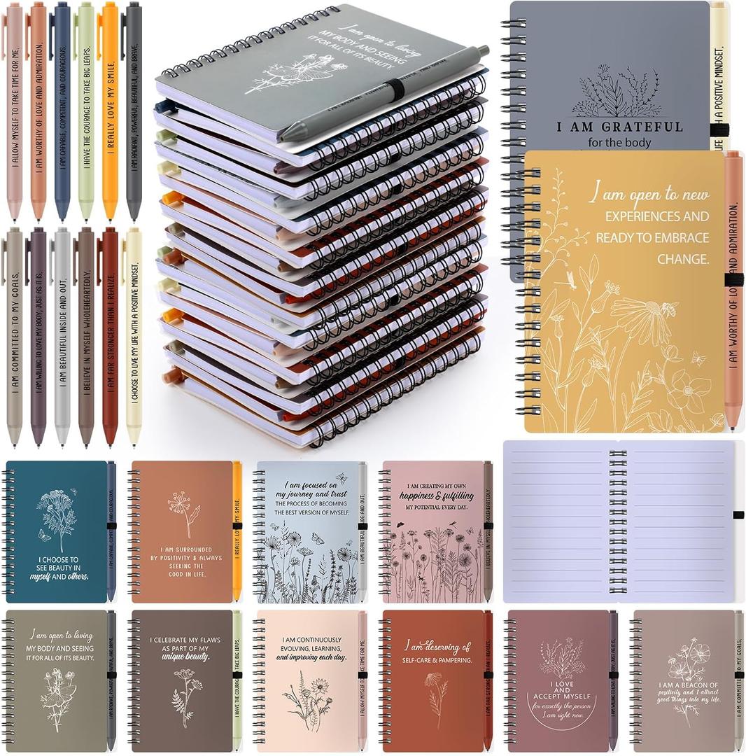 Kosiz 24 Pcs/12 Set Positive Affirmation Gifts Bulk for Women Gratitude Spiral Journals with Pens Motivational Notebooks Mothers Day Gifts for Mom Employee Coworker Teacher Nurse Volunteer (Vibrant)