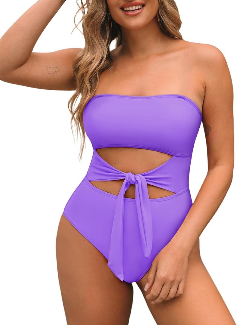Pink Queen Women Bandeau One Piece Swimsuit Removable Strap Cutout Tie High Waist Bathing Suit Monokini (Large, Lavender Purple)