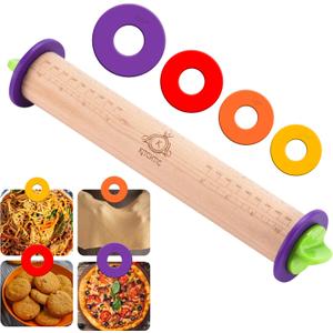 Kitchtic Rolling Pin with Thickness Rings - Adjustable Wooden Rolling Pin - Baking Essential and Roller Tool - Consistent Thickness - Easy to Clean - Beechwood Material - 13.7 x 2.75 x 2.75 inches (13.7''x2.75''x2.75'')