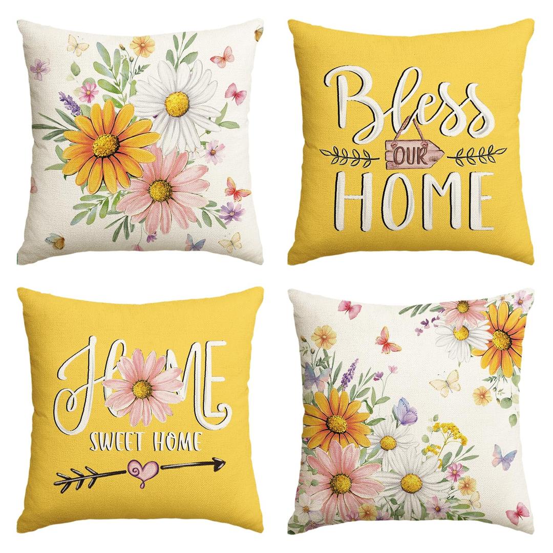 2 x AVOIN colorlife Spring Little Daisy Throw Pillow Covers, 16 x 16 Inch Bless Our Home Sweet Home Butterfly Yellow Summer Cushion Case Decoration for Sofa Couch Set of 4