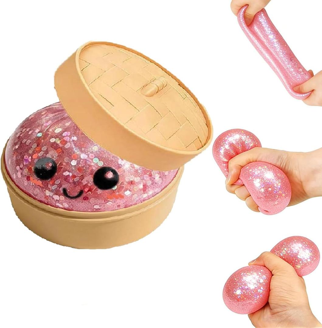 Dumpling Squishies, Glitter Dumpling, Glitter Dumplings Squishy with Box, Dumplings Sensory Squeeze Toy for Stress Relief Stretchy Desk Toys (Pink-1)