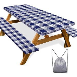 Picnic Table Cover with Bench Covers Camping Essentials Waterproof Windproof Camping Tablecloth with Drawstring Bag, Fitted Rectangle Tables and Seats, 72in, Blue Checkered