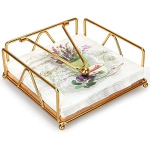 Gold Modern Napkin Holder for Table with Weighted Arm, Square Metal Flat Napkin Holder Farmhouse Napkin Box Rustic Napkin Tray for Paper Napkins, Kitchen, Countertops, Bathroom, Dinner, Outdoor