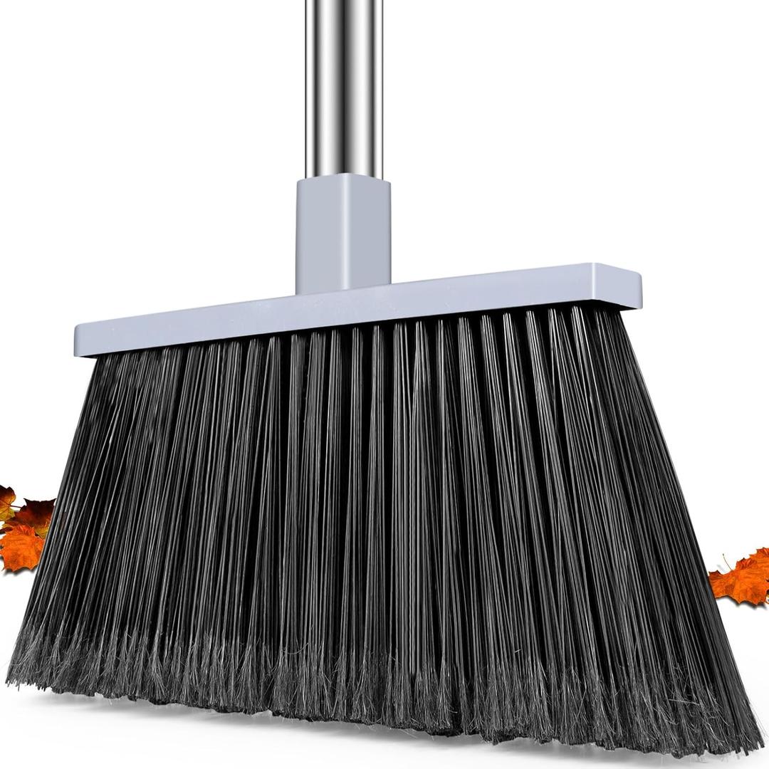 Heavy Duty Broom Outdoor, 58" Long Stainless Steel Handle, Hard Bristle Angle Broom for FloorsCommercial & Industrial Broom for Sweeping Indoor, Garage, Kitchen (Gray)