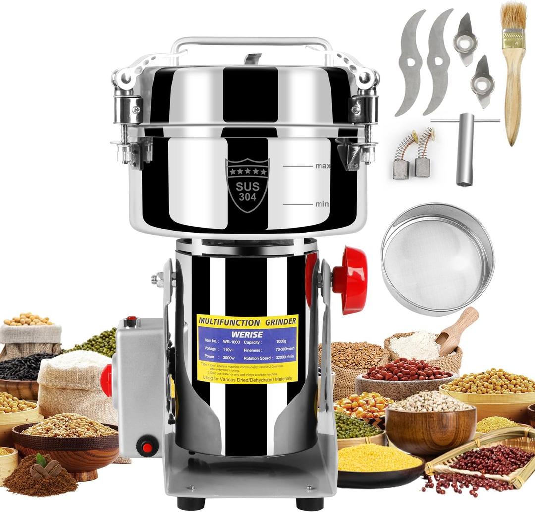 Electric Grain Mill Grinder Flour, 1000g Corn Fine Powder Rice Grinder Wheat Mill for Home Kitchen Commercial Stainless Steel Spice Food Pepper Coffee Beans (Swing Type) (1000G+304 Stainless Steel)