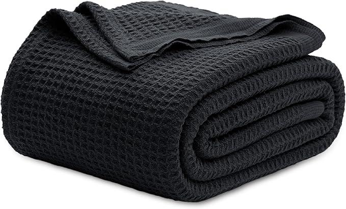 Bedsure 100% Cotton Blanket King Size for Bed - Breathable and Soft, Waffle Weave Blanket for Summer Spring, Black, 104x90 inches