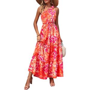 PRETTYGARDEN Women's Summer Floral One Shoulder Maxi Dress Knot Ruffle Boho Beach Vacation Wedding Guest Long Sun Dresses (Orange, S)
