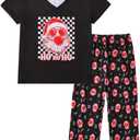 YIJIU Women's Short Sleeve Tops and Capri Pants Cute Cartoon Print Pajama Sets (S)