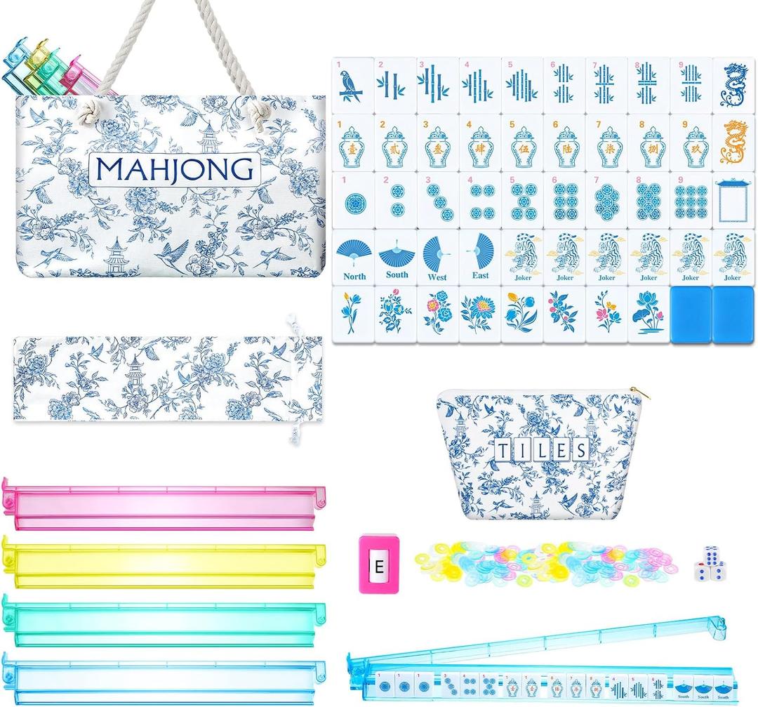 Ceenna 271 Pcs Chinoiserie American Mahjong Tiles Set, 160 Blue Tiles Mah Jong Set 3 Mahjong Carrying Bag 4 All-in-one Racks with Pushers, 100 Scoring Coins, 3 Dice, Wind Indicator for Game Party, Large