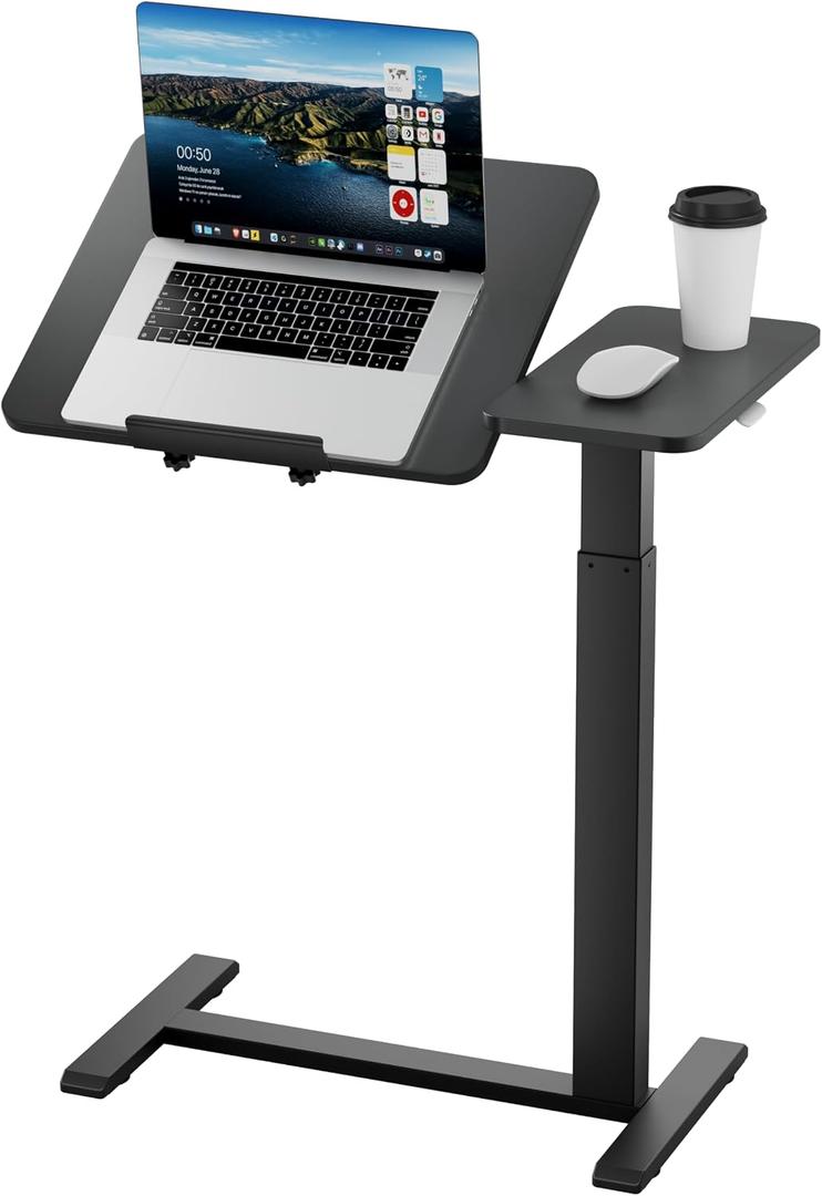 Ywin Medical Adjustable Tilt Overbed Bedside Table with Wheels, Swivel Portable Tray Table (27.6" W x 15.8" D), Small Standing Desk for Bedroom, Hospital, Couch, Office Use, Black, 27.5" x 15.8"