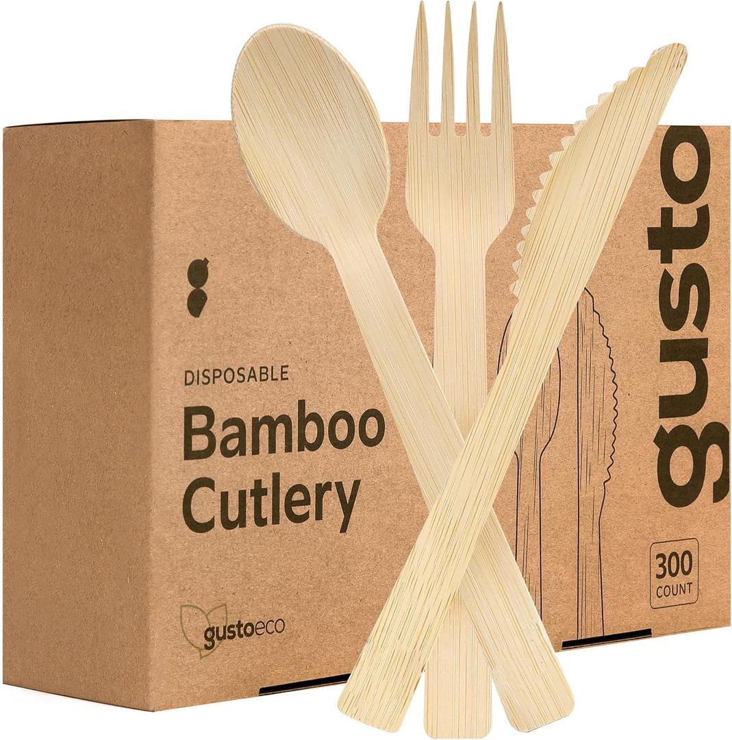 GUSTO [300 Combo Pack] Compostable Bamboo Cutlery Set, 150 Forks - 100 Spoons - 50 Knives Disposable Utensils for Parties, Camping, and Everyday Use