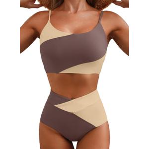 Herseas Womens 2 Piece Retro Bikini Set Color Block Cheeky Scoop Neck Swimsuit Sporty High Waisted Best Bathing Suit with Bottoms Trendy Vacation Outfits, Dark Brown, Large
