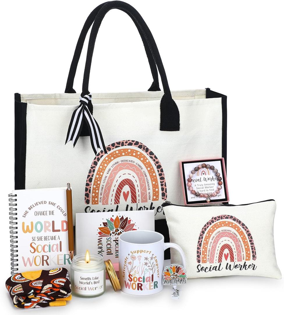 Aliceset 10 Pcs Social Worker Gifts for Women MSW Social Workers Appreciation Gifts Include Coffee Mug Candle Canvas Tote Bag Cosmetic Bag Bracelet Socks Notebook Ballpoint Pen for Bsw DSW Volunteer