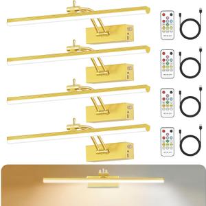 YAYIT 6 Colors Picture Lights for Wall, 16in Battery Operated Picture Light Rechargeable with Remote Timer, Dimmable Art Light for Wall Painting, Display, Gallery, 4 Pack (Gold)