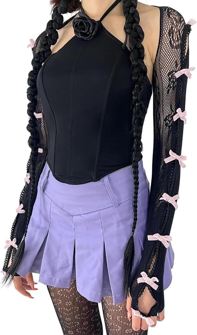 Arogheiz Women's Mesh Lace Shrug Crop Top Y2K Aesthetic Grunge Arm Sleeves Cardigan with Bow Going Out Shirts Summer (Polyester, Black, One Size)