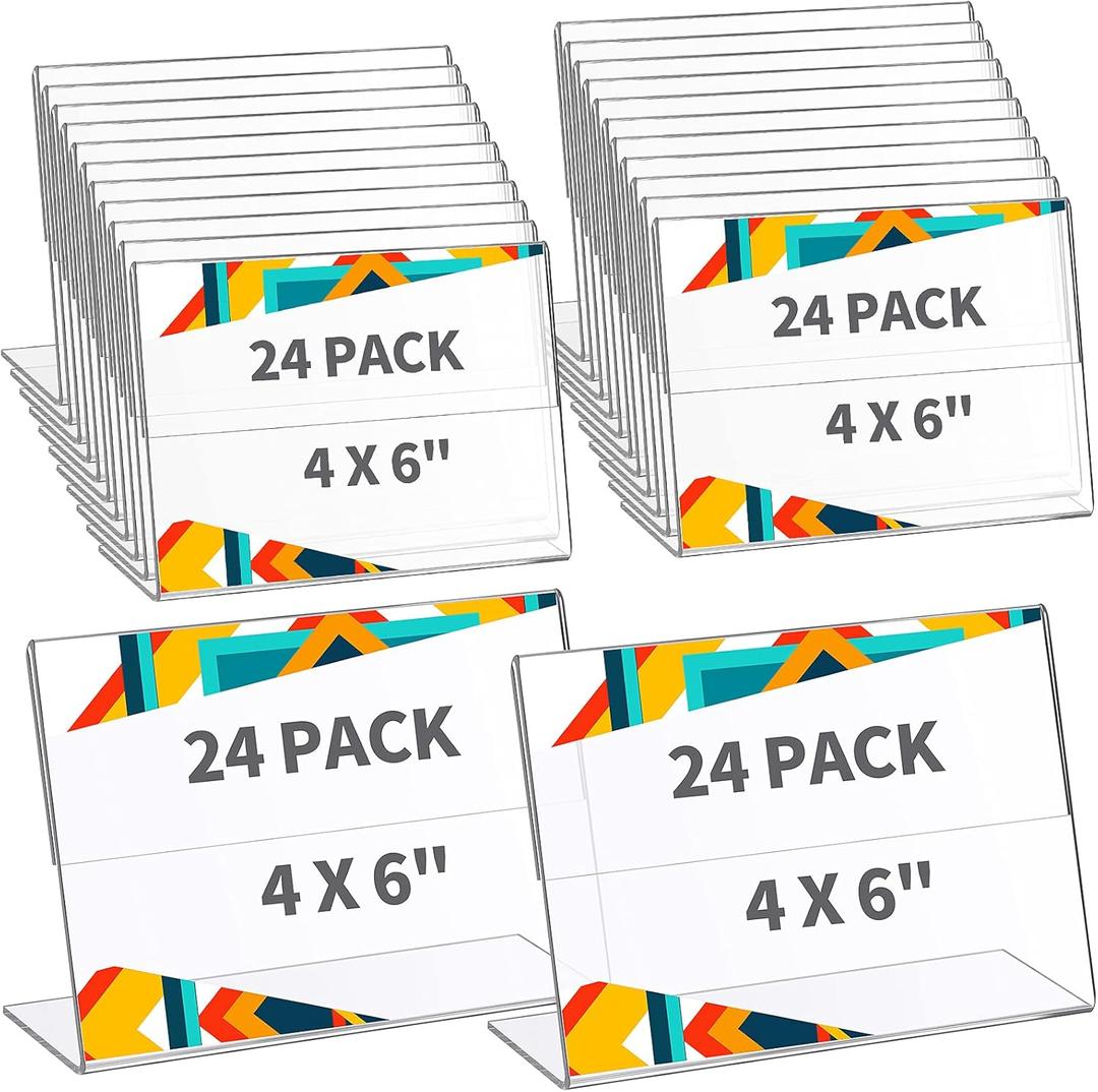 Yalikop 24 Pieces Acrylic Sign Holder 4 x 6 Inch Plastic Picture Frame Clear Photo Sign Back Brochure Display Standing Frame for Wedding Office Desktop Restaurant