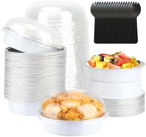 LNYZQUS 4” Small Cake Tins with Lids 50 Pack, Foil Mini Cake Pans,8oz Disposable Ramekins Creme Brulee Baking Cups Individual Mini Pie Contaniers Holders for Wedding Party-White