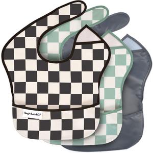 Tiny Twinkle Mess-Proof Baby Bib - Waterproof Bib for Baby Boy or Girl - PFAS, PVC, BPA, Phthalate Free - Baby Food Bibs (3 Pack, 3-pack Checkers Boy)