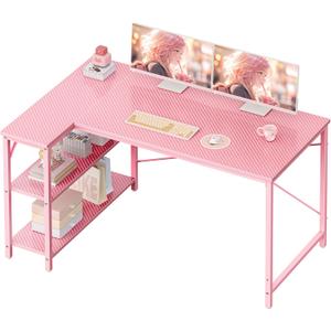 Huuger L Shaped Desk, 47 Inches Computer Desk with Reversible Storage Shelves, Gaming Desk, Corner Desk Home Office Desks, Writing Study Desk with Metal Frame, Pink