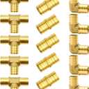 15pcs 3/4" PEX Fittings, Elbow TEE Straight Couplings Set, PEX Brass Crimp Fitting Combo with Tees, Elbows, Straights