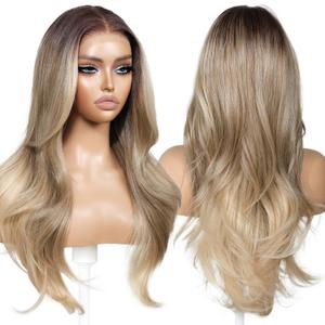 ENCOUNTERU Blonde Wig with Bangs 13x4 HD Lace Front Synthetic Pre Cut Lace Glueless Ombre Wigs for Women Wear and Go Pre Plucked Layered Body Wave Vivid Self Growing Hairline 23 Inch