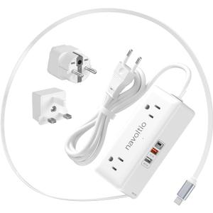 European Travel Plug Adapter, US to EU/UK Plug Adapter (PD 20W) Retractable USB C Cable with 4 AC Outlets 3 USB Fast Charge, 3FT Type C/E/F/G Adapter for UK Ireland Turkey France Italy Spain