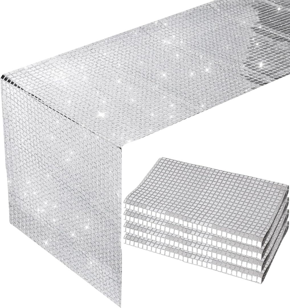 4PCS Glitter Disco Table Runner, 12" x 72" Retro 70s 80s Theme Decor, Silver Sequin, Party Supplies
