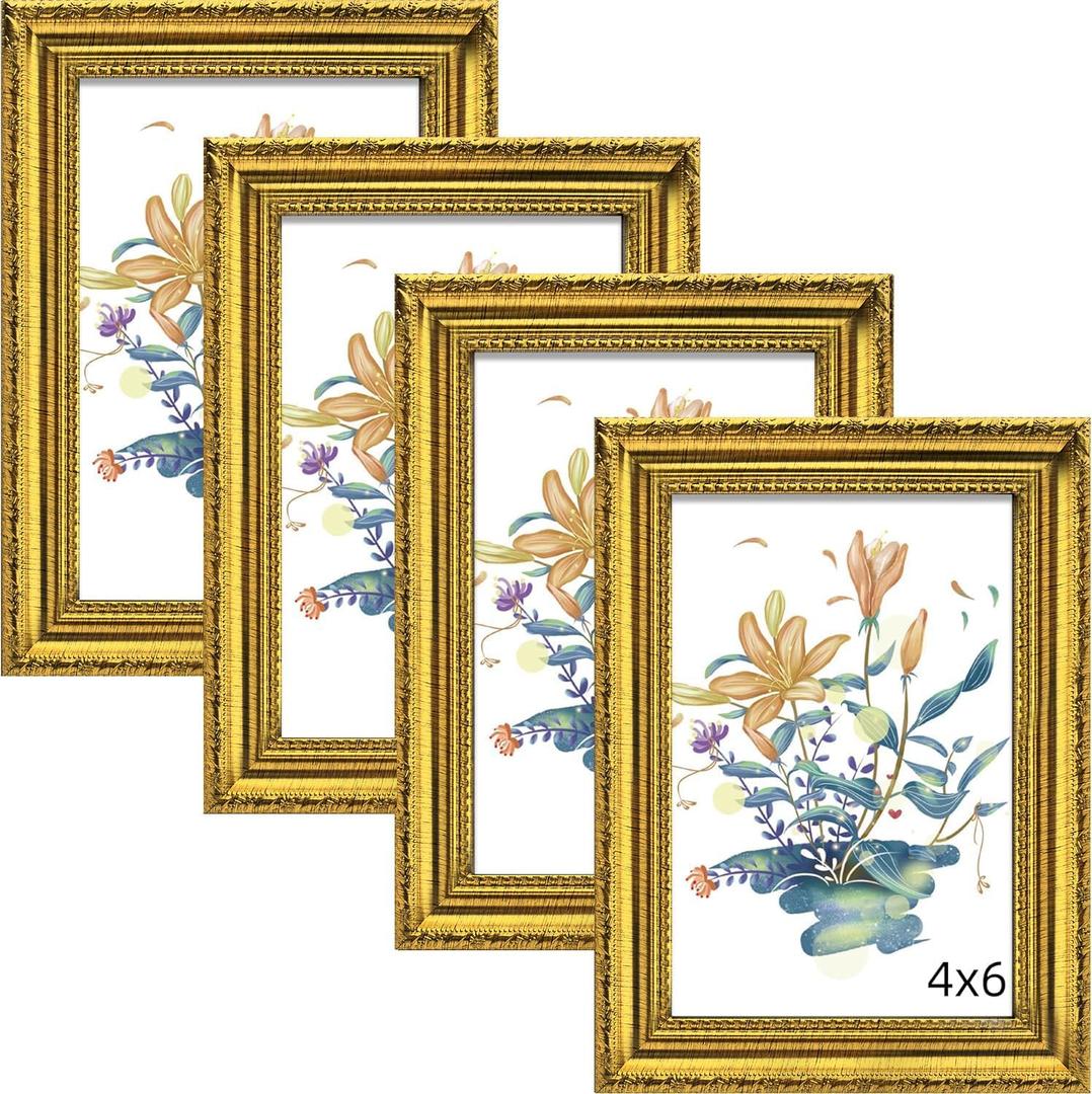 BESCRCL 4x6 Picture Frame Gold with Real Glass, Ornate Vintage 4 x 6 Photo Frames for Wall and Tabletop Display, Set of 4
