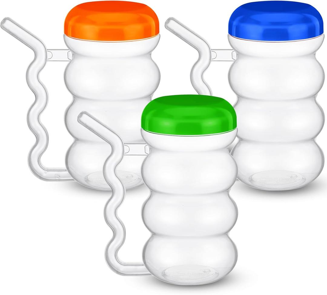 FoldTier 3 Pcs Sip a Mug 14 oz Easy to Grip Plastic Kid's Cup Where the Handle Is the Straw Clear Sippy Cups Spill Proof Mug for Everyday Use for Kids Elderly Disabled and Handicapped, 3 Colors Lid