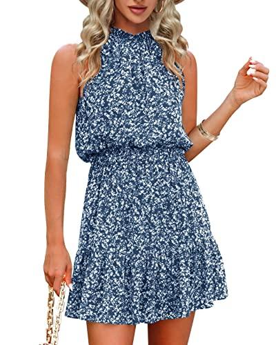Floral Summer Dress for Women Chiffon Blouses Skirt Spaghetti Sleeveless Tops Halter Boho Romper Sun Summer Outfits X-Navy S