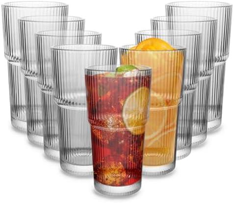 CHPINDAM Drinking Glasses，19oz Ribbed Glassware,9 Pack Old Fashioned Glasses, Thickened glass for iced coffees, smoothies, cocktails and juices, perfect for families and parties (9)