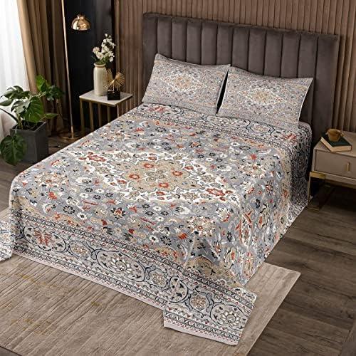 Erosebridal Quilt Twin, Boho Exotic Bedspread, Retro Grey Orange Floral Bohemian Tribal Coverlet, Vintage Antique Damask Medallion Egyptian Bedroom Decor Quilted