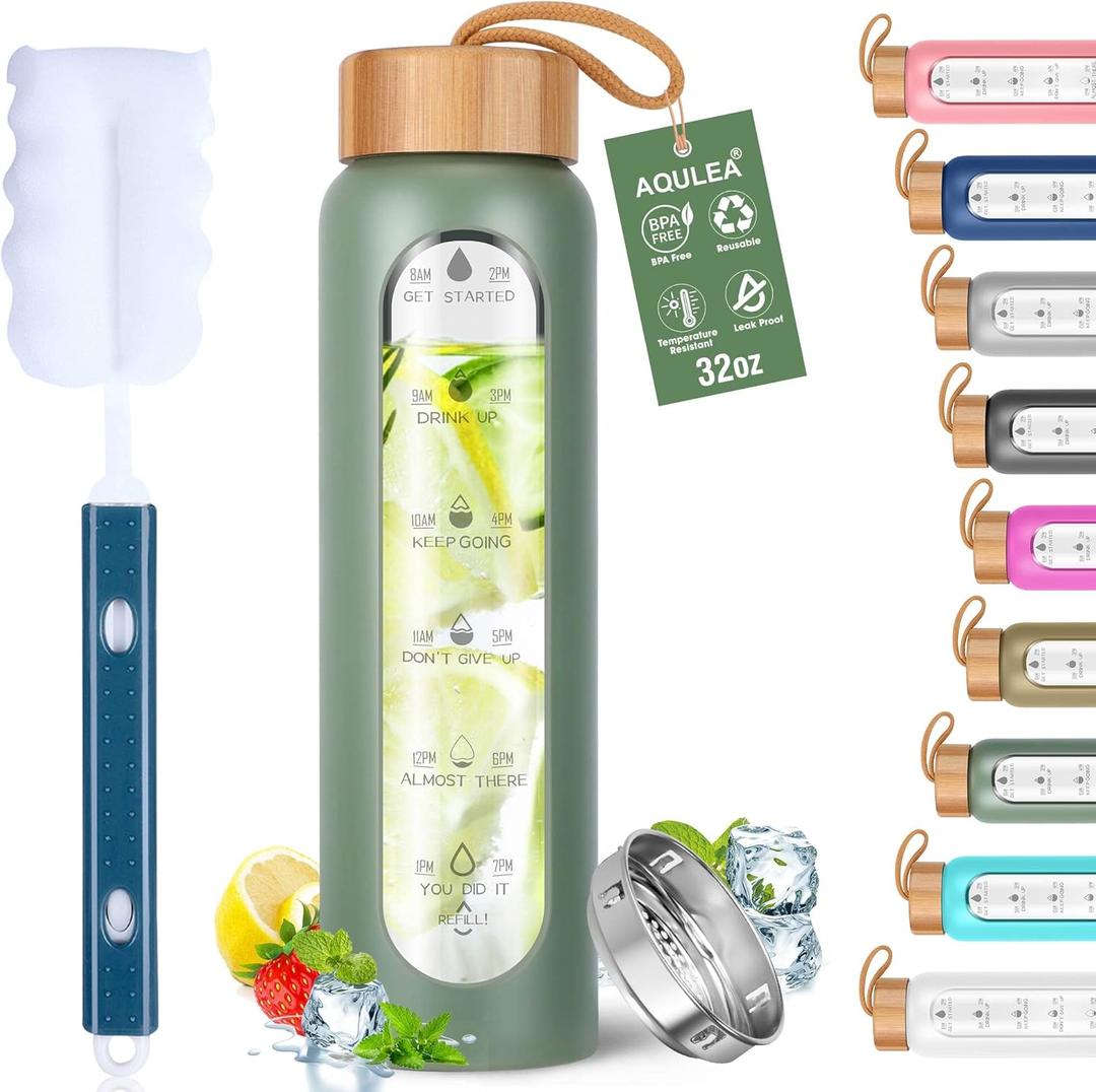 Aqulea Glass Water Bottles 32 Oz with Silicone Sleeve - BPA Free Reusable Wide Mouth Glass Motivational Water Bottles with Fruit Infuser  Leak Proof Borosilicate Water Bottle with Time Marker (Green)
