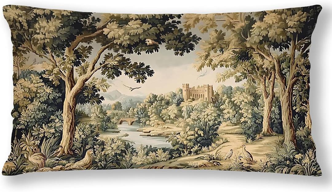 Vintage French Country European Forest Landscape Pillow Covers 12x20, Cottage Forest Bird Botanical Landscape Decorative Throw Pillow Covers Pillowcases for Living Room Home Bedroom