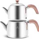 Karaca Edge Stainless Steel Induction Teapot Set, Small Turkish Teapot Set, 2.2 Qt (2.1 Liters) Total Capacity Stackable Tea Maker, Compatible with Induction, Silver & Rose Gold