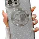 Weonmov Compatible for iPhone 16 Pro Case Glitter Clear Paw Love Heart Compatible with MagSafe, Camera Lens Protection Soft Slim Thin Magnetic Bling Phone Case - Silver