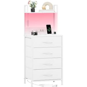 Somdot White Nightstand with Charging Station and LED Lights, Bedside Table Tall Night Stand with 4 Fabric Drawers and Top Shelf for Bedroom Guest Room Dorm Hallway
