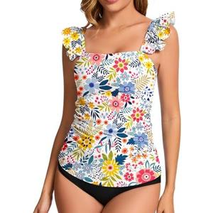 WOWENY Tankini Tops for Women No Bottom Bathing Suits Tummy Control Square Neck Ruffle Modest Swimsuit Top Only, M