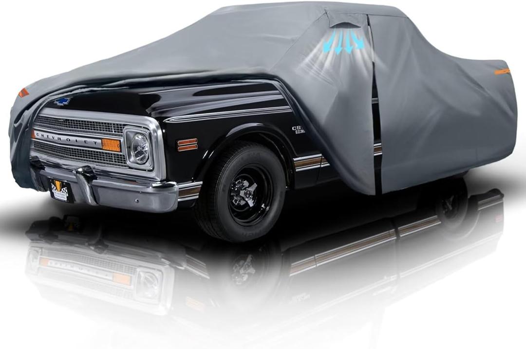 Chevy C10 Truck Cover Custom Fit 1960-1995 Regular/Extended/Crew Cab LB(6.4'-8.5') with Door Zipper, 10 Layer Pickup Truck Cover Waterproof All Weather, Car Tarp for Wind Dust Sun etc Protection.
