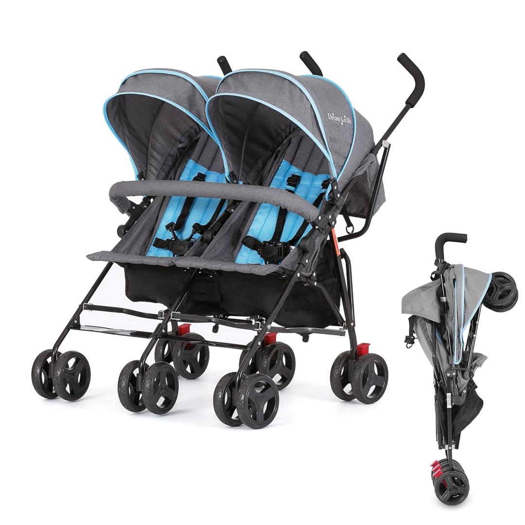 Dream On Me Volgo Twin Baby Stroller, Lightweight Side-by-Side Double Umbrella Stroller with Adjustable Canopy, 5-Point Harness, Storage Basket & Travel-Friendly Fold  Blue and Dark Grey
