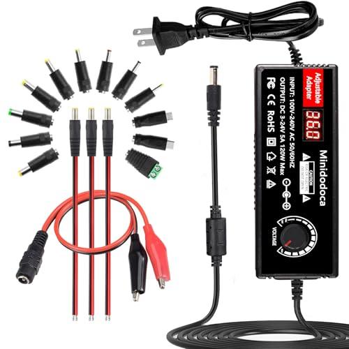 120W Power Supply Adjustable DC 3V ~ 24V Variable Universal Switching AC/DC Adapter Minidodoca AC to DC Converter with LED Voltage Display and 16 Tips, for 3V to 24V Household Electronics - 5000mA Max