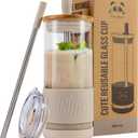 Pandaloo Glass Cups With Lids and Straws -20 Fl Oz- Perfect Size Iced Coffee Cup - Smoothie Cup With Bamboo Lid and On the go Lid (Creamy Mushroom, 1 Count (Pack of 1)
