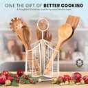 Rotating Utensil Holder with 3 Compartments & Cork Bottom  Premium Matte White Metal + 9-Piece Acacia Wood Kitchen Utensil Set  Countertop Organizer for Cooking Tools, Housewarming & Holiday Gifts