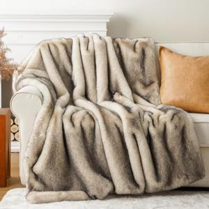 BATTILO HOME Luxury Fluffy Faux Fur Throw Blanket, Cozy Soft Warm Fur Blanket for Couch, Sofa, Chair, Bed, Plush Fuzzy Fur Throws with Long Pile & Brushed Tips, 50"x60" (Cream&grey)
